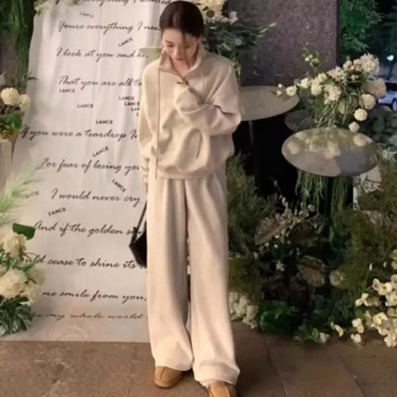 Sweatshirt Pant Sets Women Two Pieces Stand Collar Hoodies Wide Leg Pant Full Length Trousers Solid Loose Pockets Casual