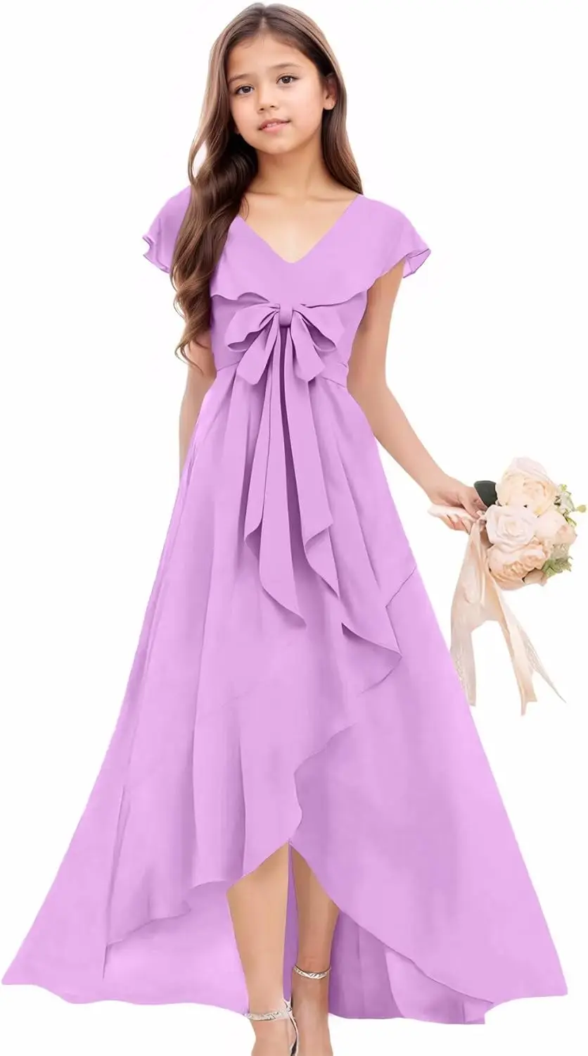 Vestido de dama de honra júnior com decote em V, laço de chiffon, alto e baixo, flor, concurso de casamento, vestido de baile para meninas