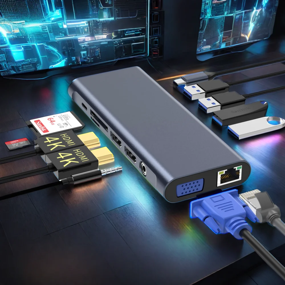 13 in 1 Type C SD TF Interfaces Aluminium Card Reader and Data Transfer Adapter for Laptop Multi-port Hub USB 3.0 Hub