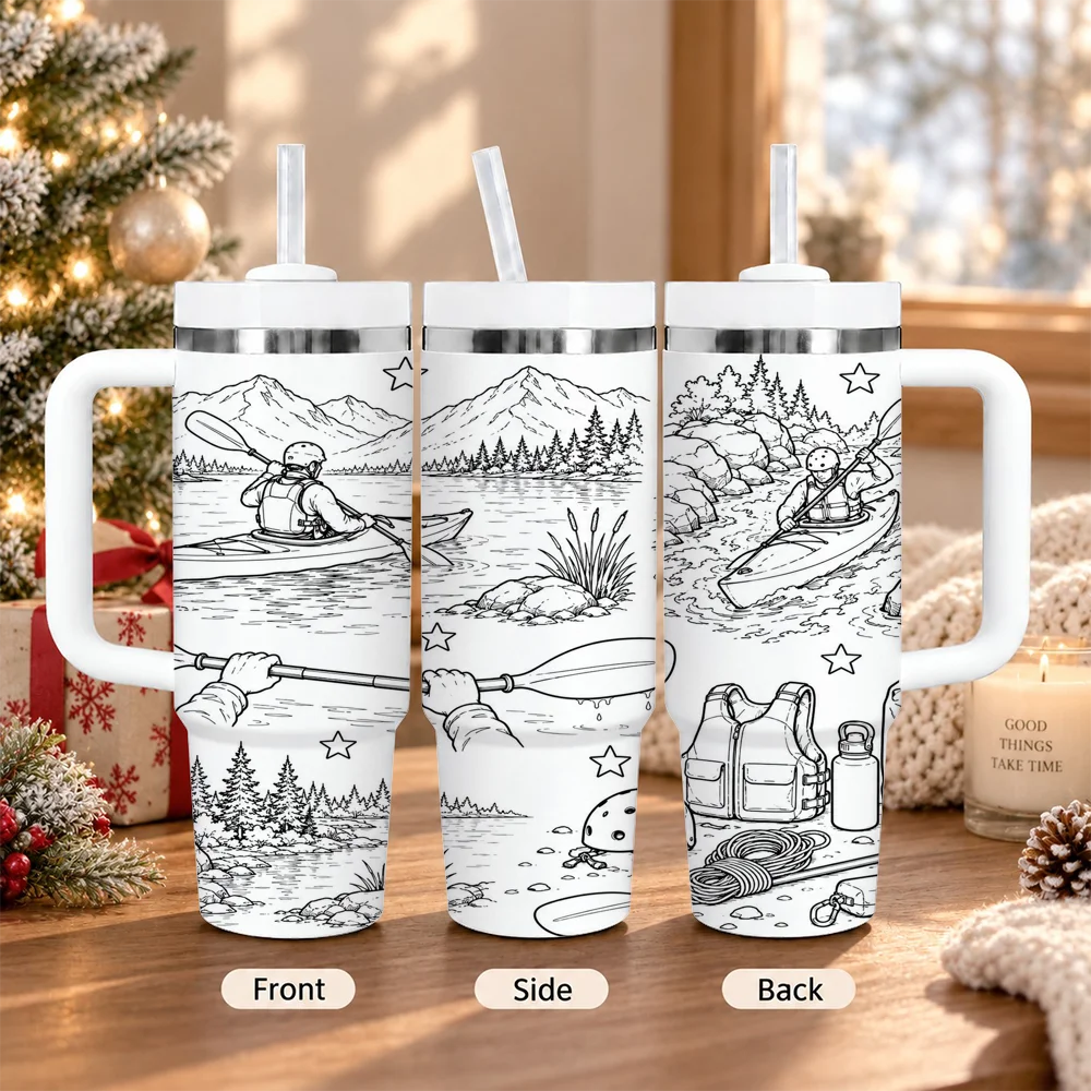 Kayaking Outdoor Adventure Line Art 40oz Tumbler with Handle Straw Stainless Steel Insulated Travel Mug Water Cup Vacuum Flasks