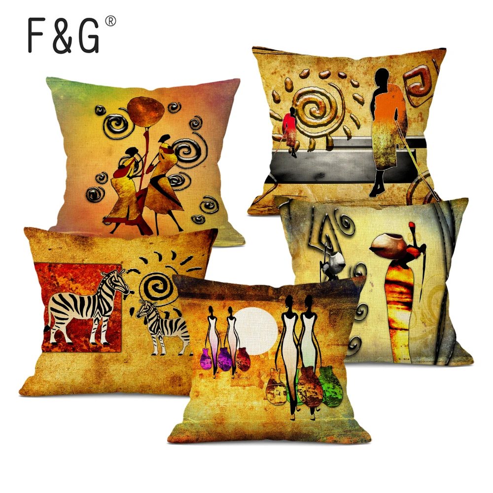 

African Decoration Oil Painting Sofa Throw Pillowcase Abstract African National Life Art Gallery Home Decor Linen Cushion Cover