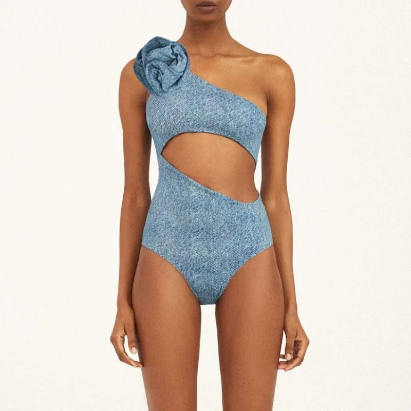 One Piece Swimsuit For Women European And American One-piece Swimsuit Shoulder D Flower Decoration Hollow Denim Print Swimsuit S