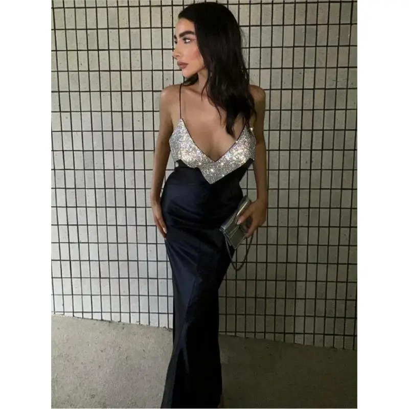 Sexy Low-Ne V-ape Diamond Flaing Langes Kleid zum Geburtstag Par Ball Mid-Waist Bodycon Dr ohne Sve Tee-Acetat...