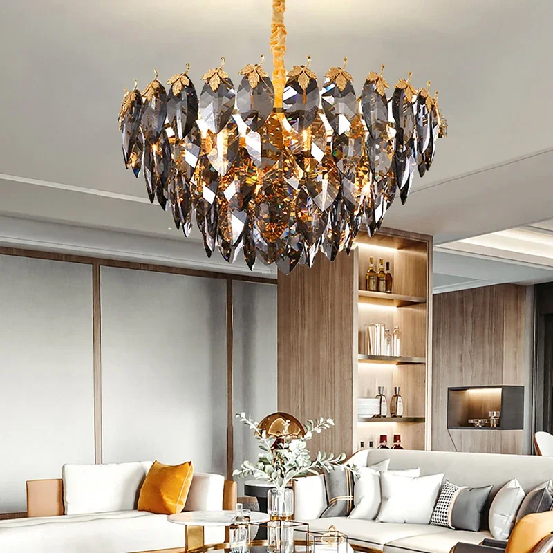 

Modern Lustre Luxury Smokey Leaves Crystal Ceiling Chandelier Light For Living Room Dining Room Hotel Lobby Decor Pendant Lamps