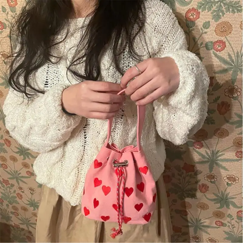 Embroidered Love Hand Canvas Bag Shoulder Crossbody Mini Bucket Bag Portable Mobile Phone Bag Heart Drawstring Shoulder Bag