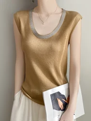 Sleeveless knitted Vest for Women, Fine Spun Wool, 2025 Spring/Summer New U-neck Hot Diamond Tops Fashion Fit Temperament Tank
