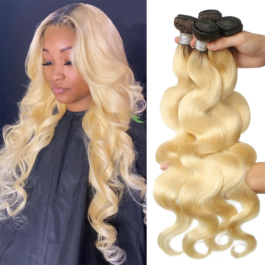 30 Inch 1B 613 Ombre Blonde Dark Roots Human Hair Bundles Brazilian Hair Weave 1 3 4 Bundles Deal Body Wave Remy Hair Extensions