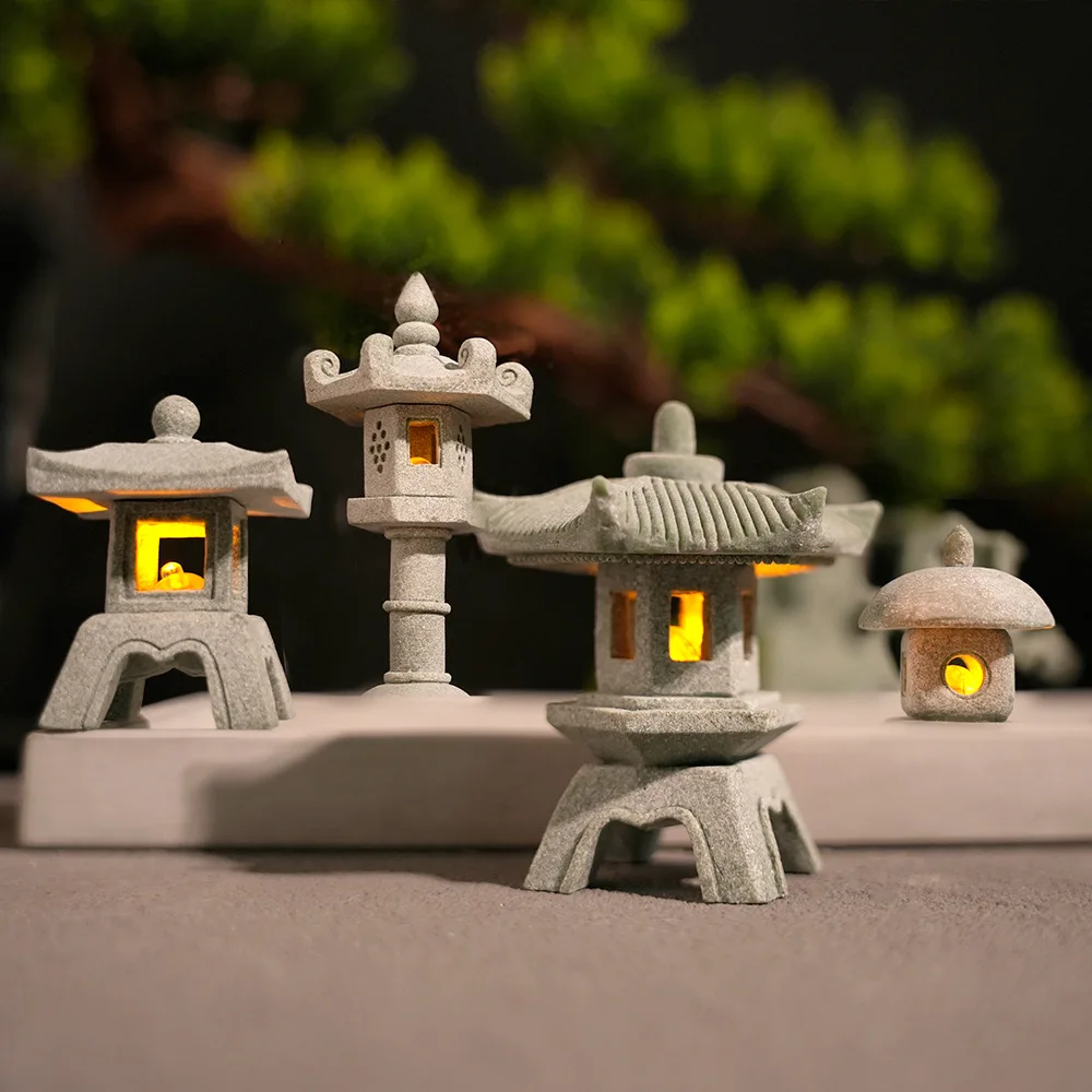 Mini Pagoda Lantern Light Garden Statue Micro Landscape Fish Tank Zen Yard Bonsai Zen Garden Home Outdoor Decoration Stone Props