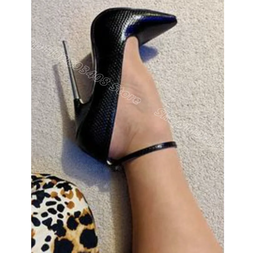 Black Metal Heels Stiletto Pumps Solid Ankle Buckle Design for Women British Style Casual Party Shoes 2024 Zapatos Para Mujere