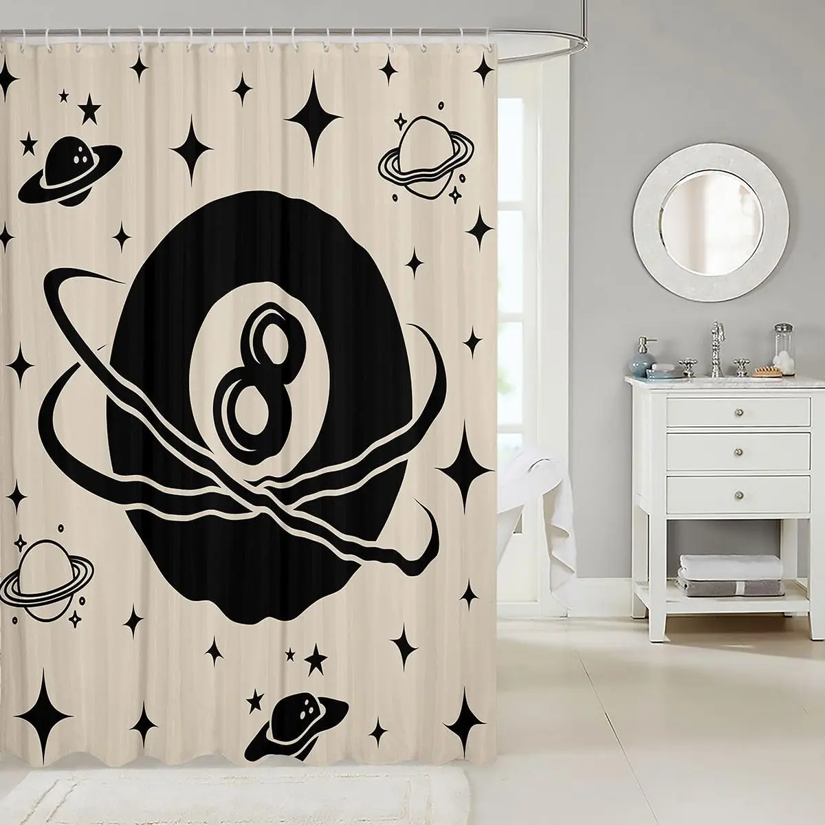 Lucky 8 Ball Shower Curtain Vintage Y2K Fabric Shower Curtain,180x180cm,Retro Planet Stars Bathroom