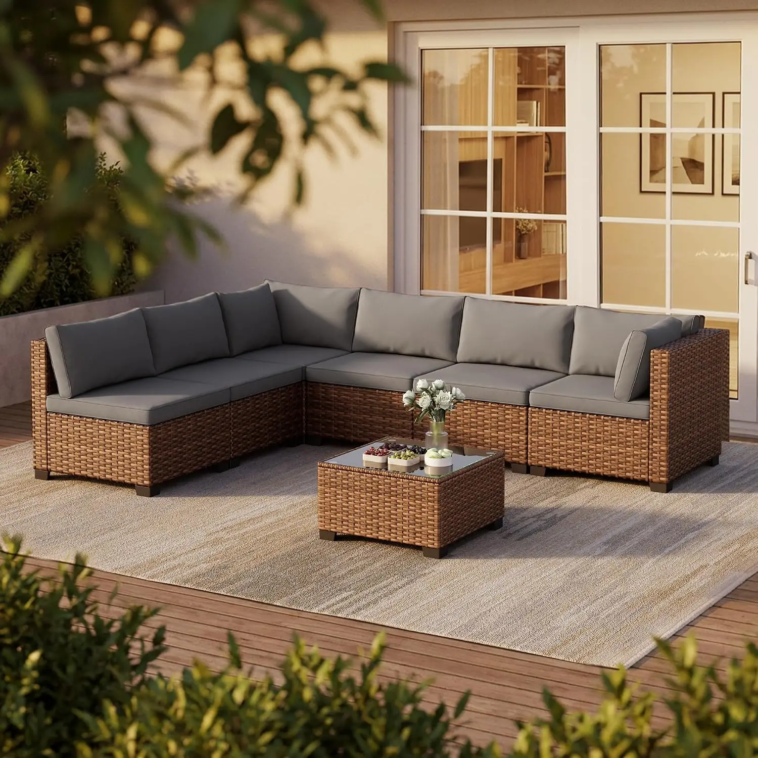 7 Pieces Patio Furniture Set, Outdoor Sectional Rattan Sofa Set, Wicker Patio Conversation Set with Cushions