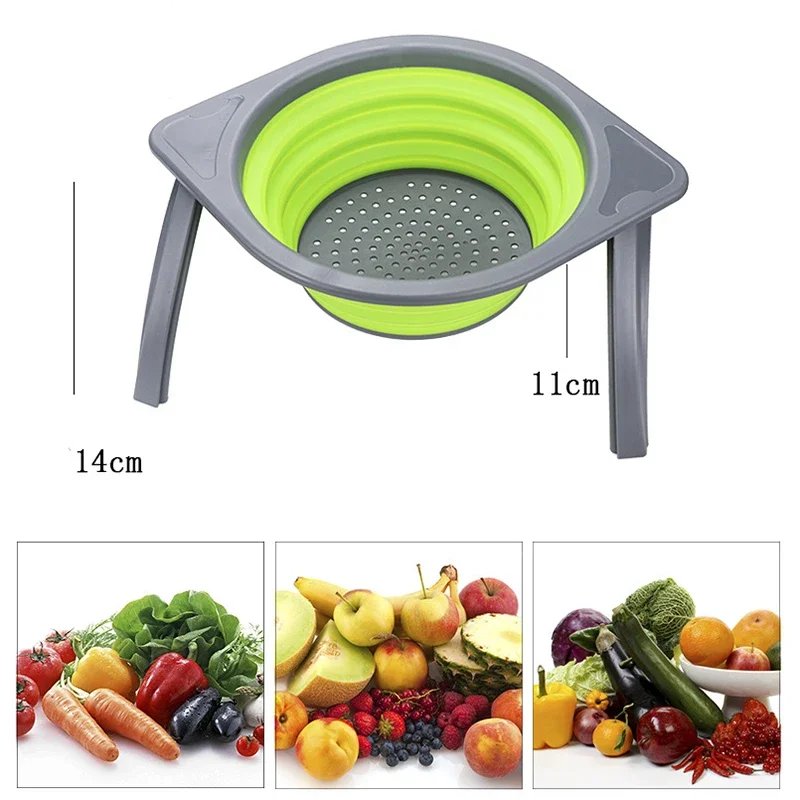 

Draining Basket Collapsible Colander Kitchen Silicone Filter Storage Tray Fruit and Vegetable Round Folding Basin with Stents