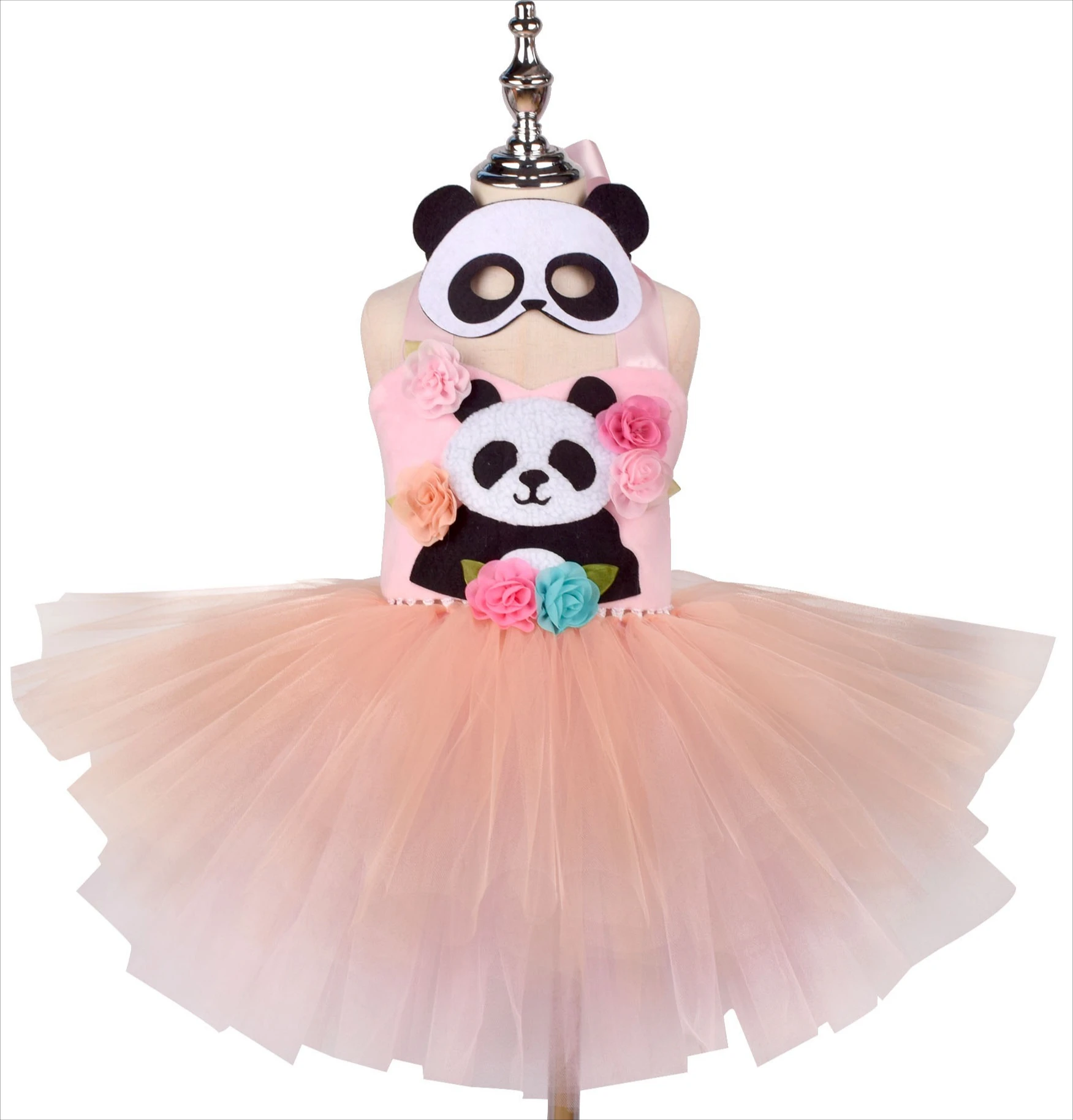 Cute Panda Girls Tutu Dress with Mask Floral Tulle Princess Girls Dress for Birthday Party Kids Halloween Costume Outfit