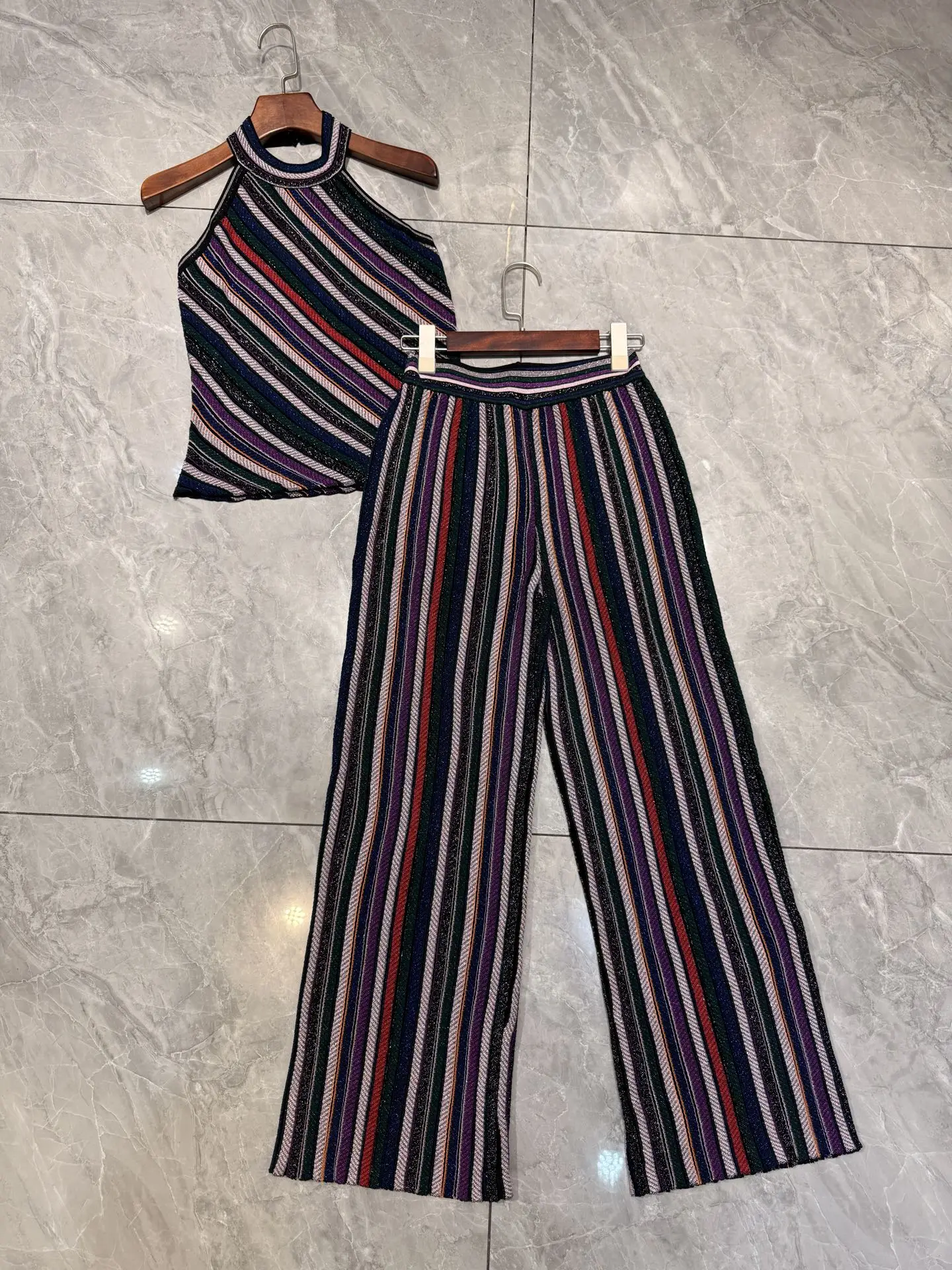 Women Metallic Striped Knitted Set Halter Round Neck Sleeveless Vest + Elastic Waist Straight Long Pants Vintage Knit Suits