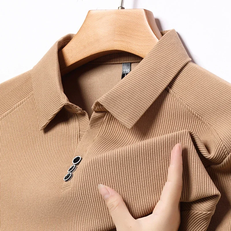 New Scissor Collar Button Polo Shirts Long Sleeved 2023 Autumn Fashion Simple Handsome T-shirt Men\'s Clothing Quality Trend Ropa