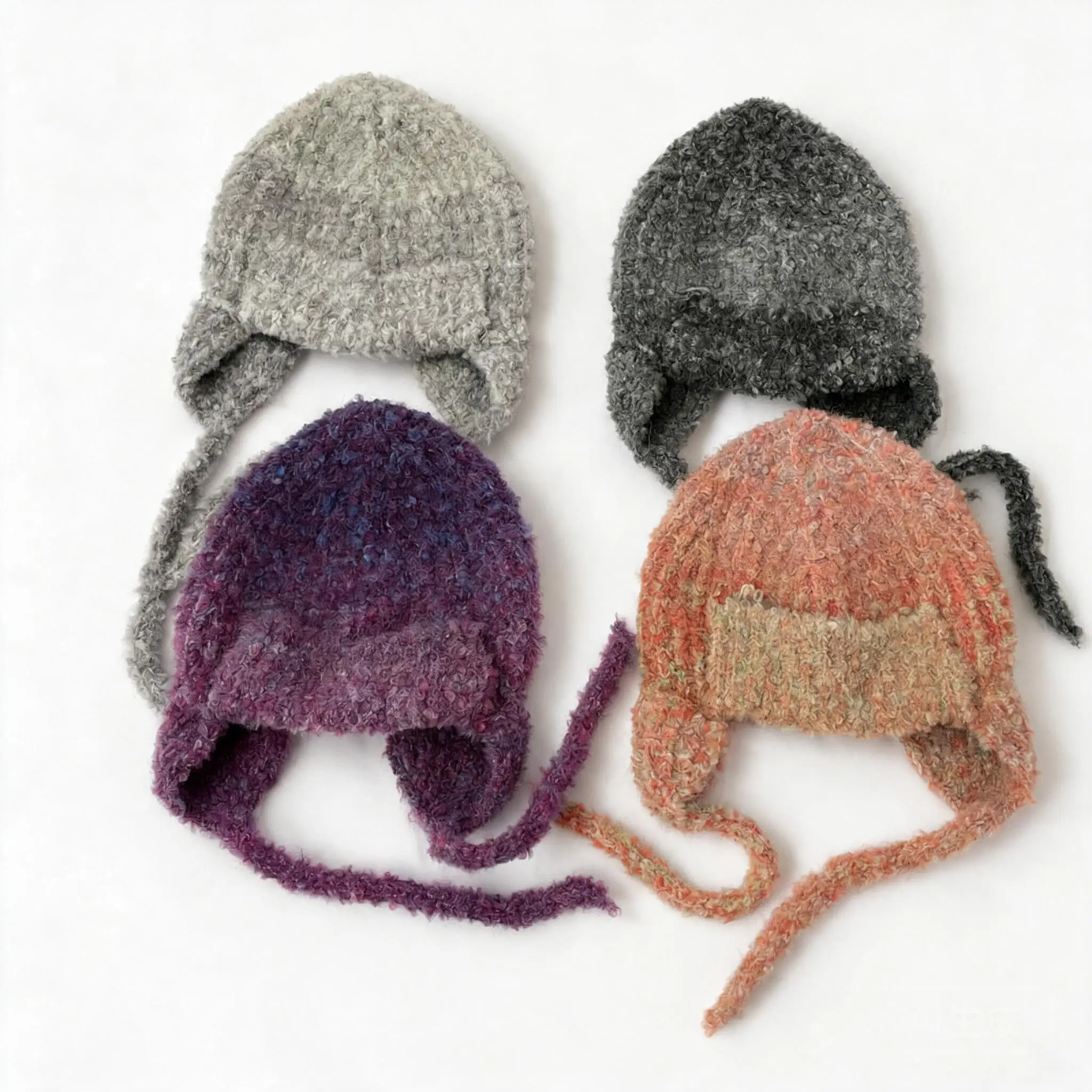 Gradient Fluffy Knit Trapper Hat With Ear Flaps Ties Winter Warm Soft Acrylic Beanie For Women Casual Street Hip Hop Daily Cap