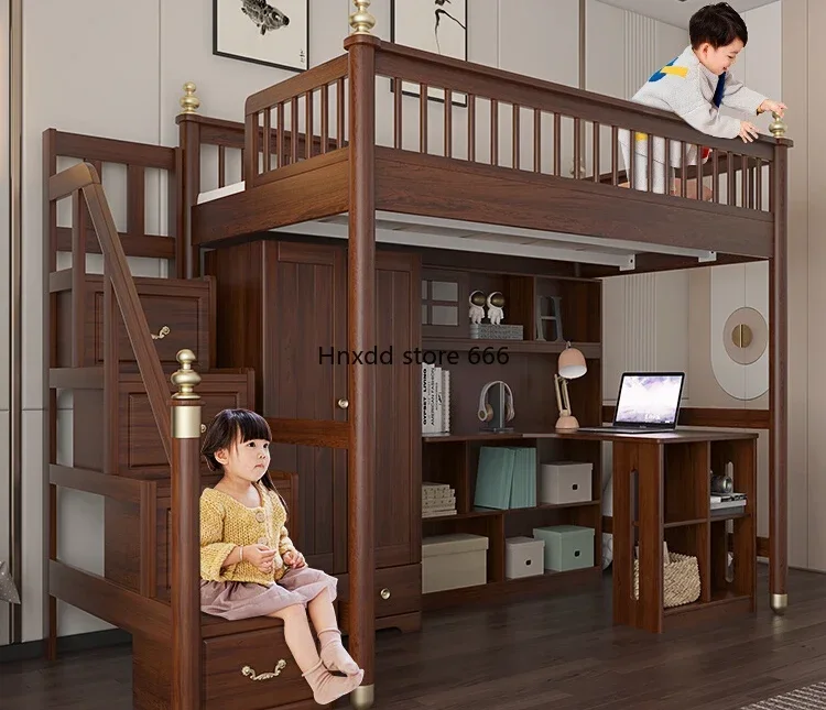Children's double-layer staggered bed and under wardrobe combination