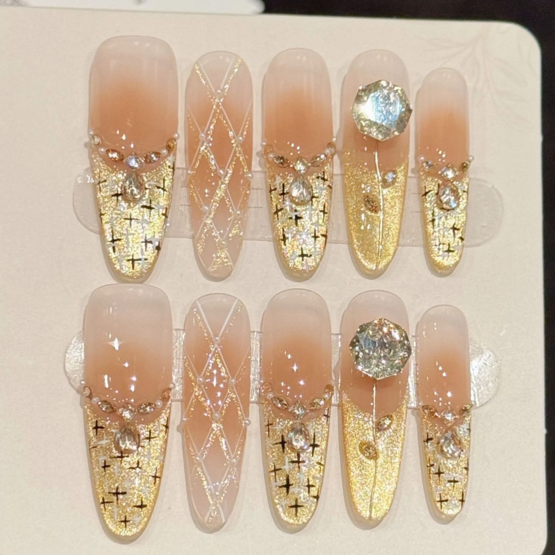 10 Uds. De puntas de uñas postizas hechas a mano francesas de ojo de gato, juego de uñas postizas con diseño de diamante reutilizable, ovalado Extra largo de otoño