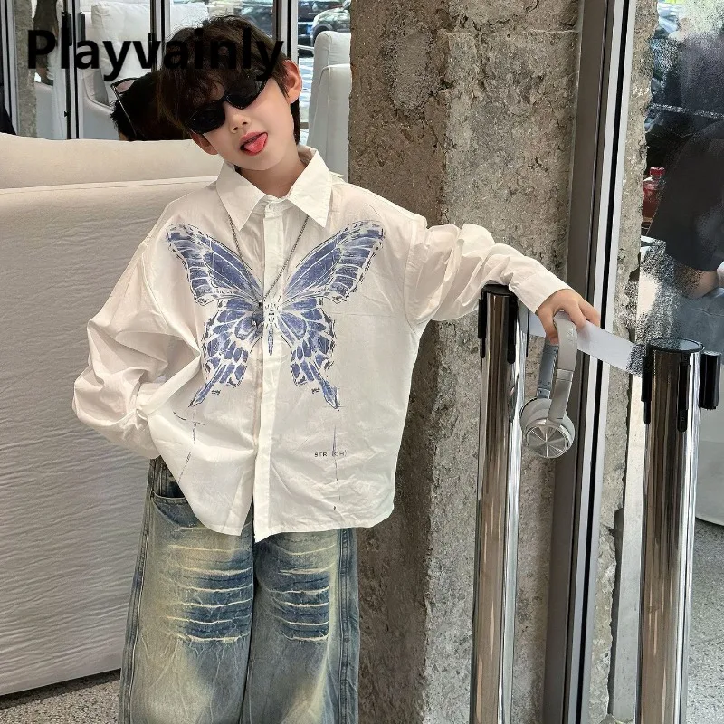 

Новая весенне-осенняя свободная блузка для мальчиков и девочек, детские тонкие дышащие белые рубашки с принтом бабочки, детская модная повседневная одежда H5076