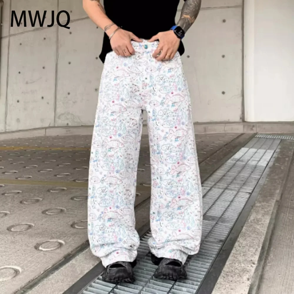 

MWJQ Paris Style High Quality Graffiti Printed Design Jeans Men's American Trend Straight Bottom Wide Leg Pants Spring 010176