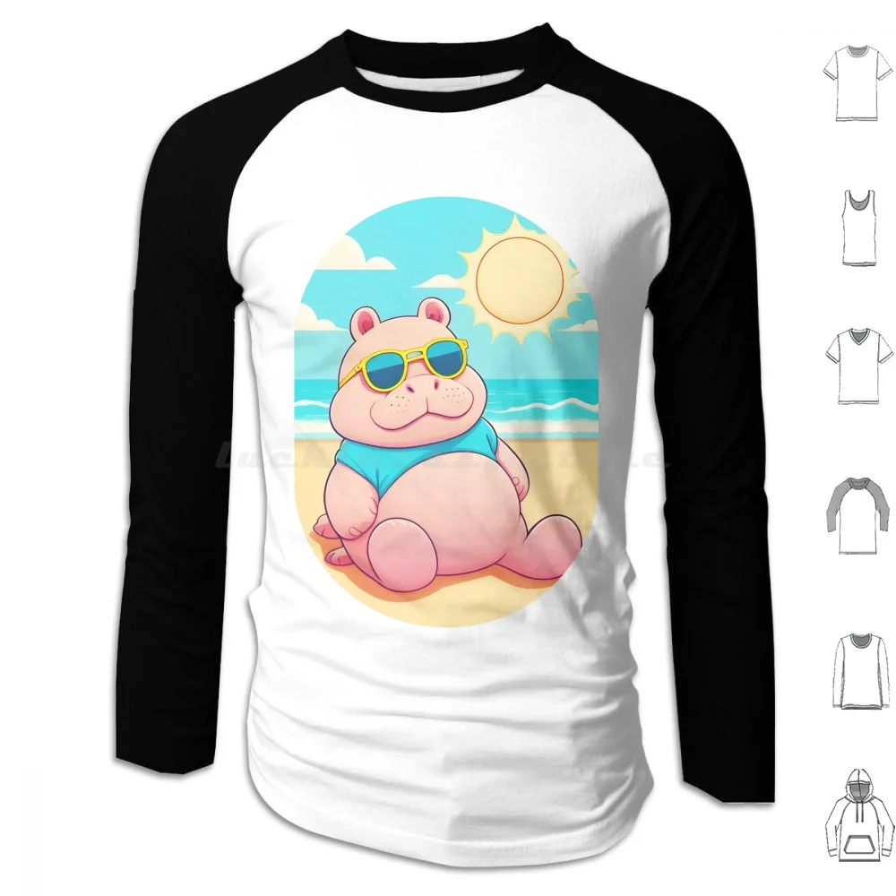 Hippo On Beach Hoodie cotton Long Sleeve Hippo Beach Hippopotamus Wildlife Summer Cute Funny Animal Animals Sun Cute