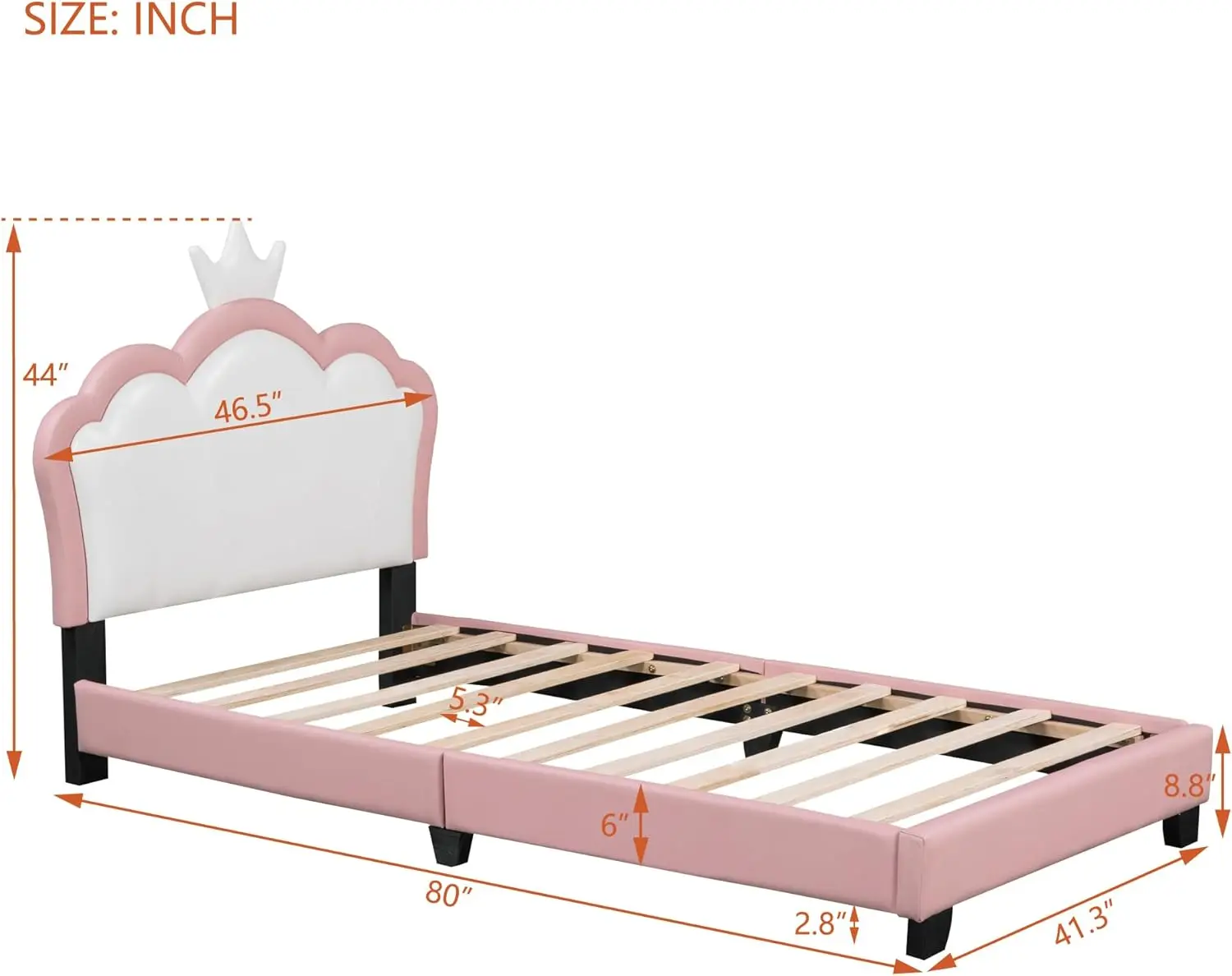 Frame with Headboard, Children Upholstered Twin Platform Bed Frame with Crown Headboard, Wooden Twin Bed for Girls, Teens, No Bo