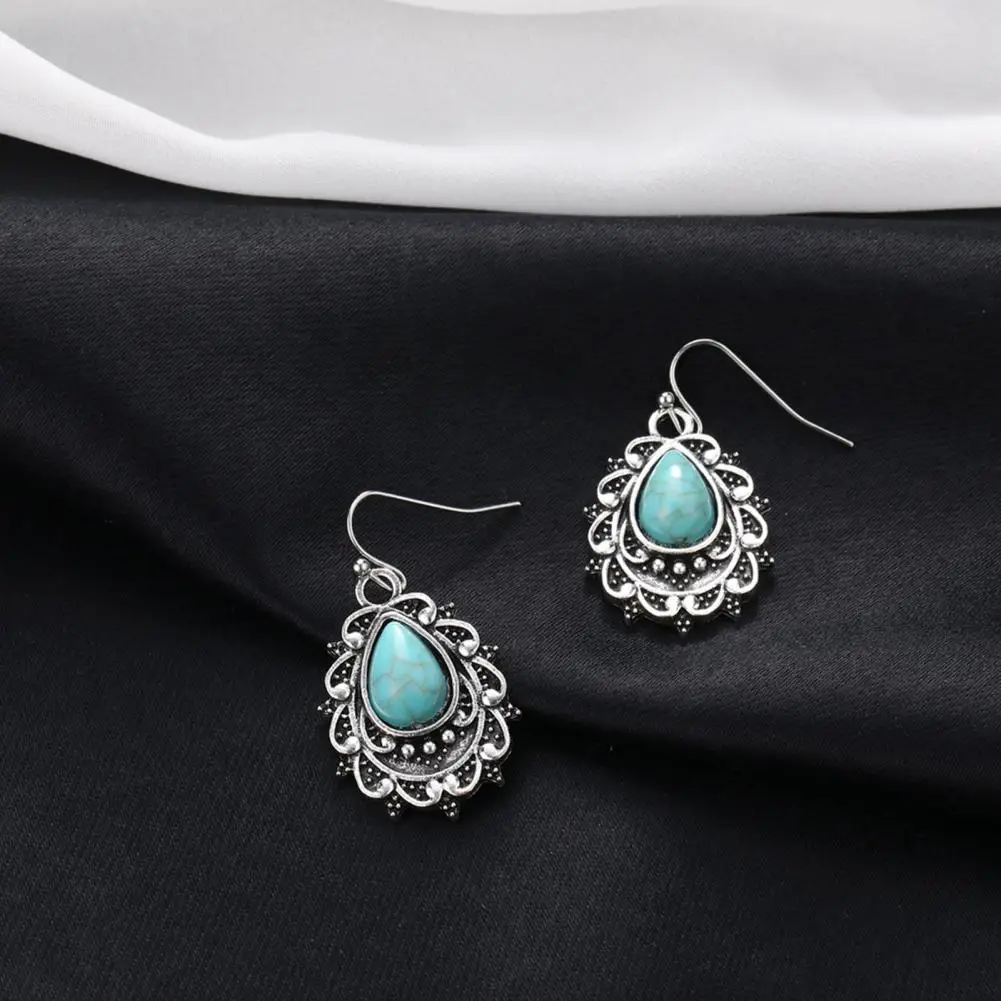 Edge Faux Turquoise Earrings Vintage Ethnic Style Boho Faux Turquoise Dangle Earrings for Women Retro Hook Oval Drop for Teen