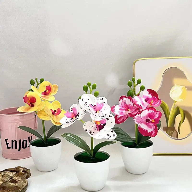 Mini Artificial Orchid Potted Plant Real Touch Fake Plastic Phalaenopsis Flower for Coffee Table Living Room Decoration