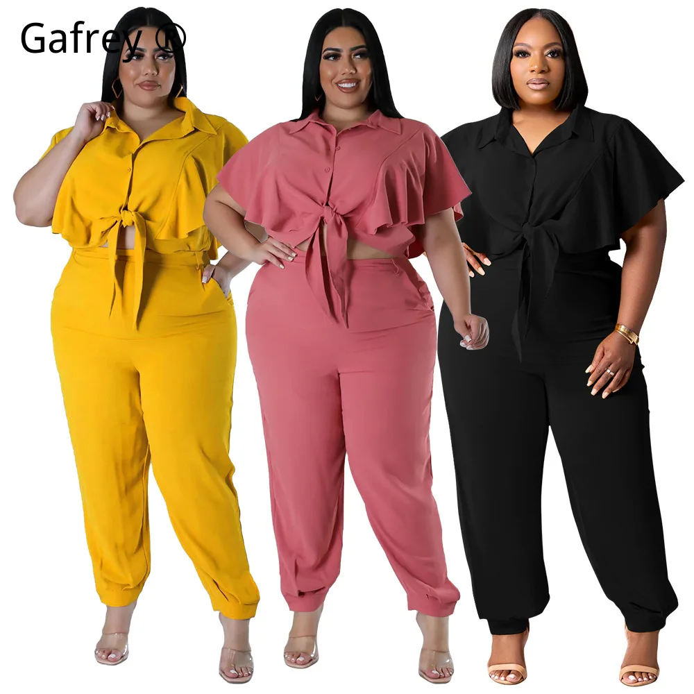 

5XL 4XL XL Plus Size Two Piece Set Women Summer Solid Button Front Top Tie Waist Casual Shorts Skirt Set Fashion Vacation Outfit