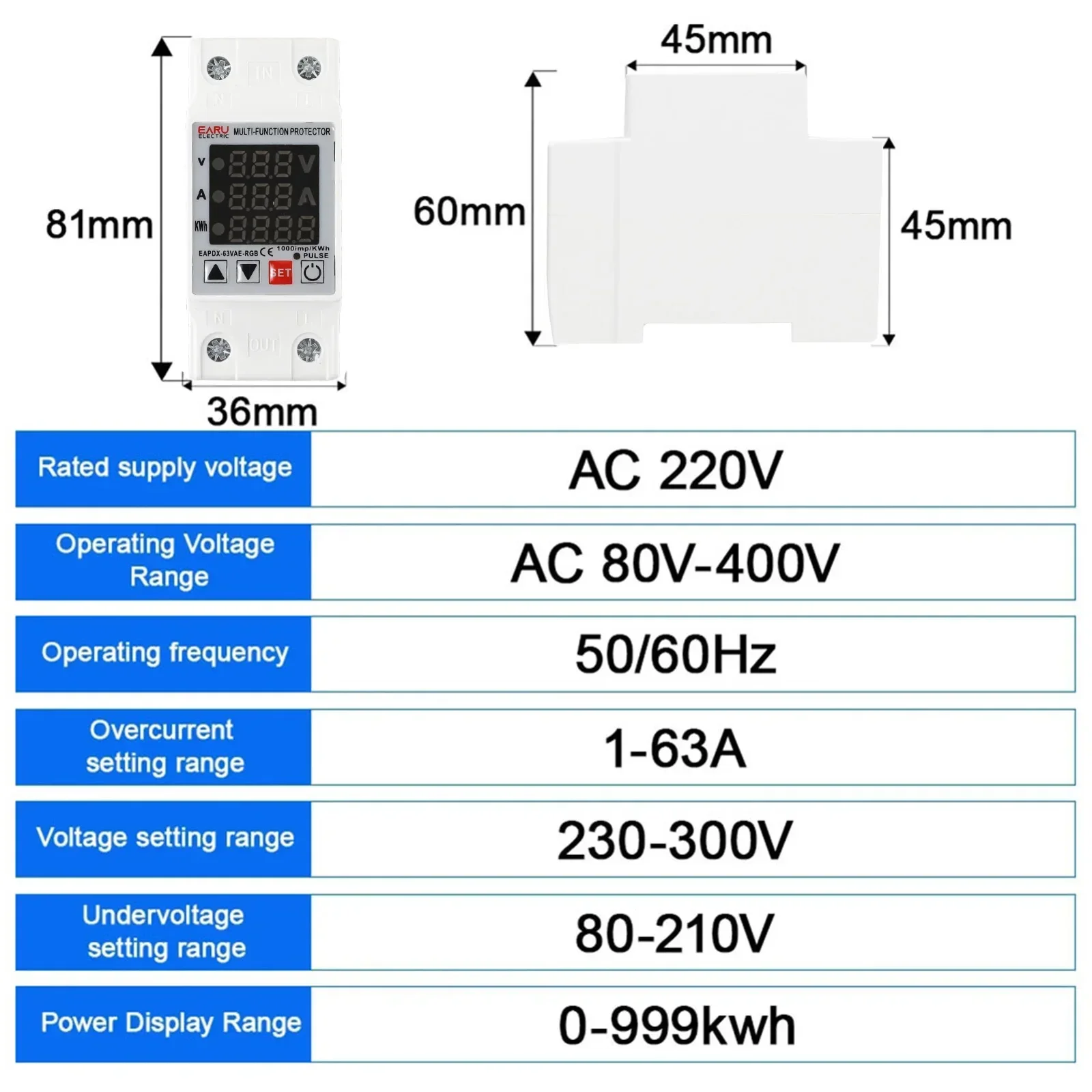 63A 230V 3IN1 Display Din Rail Protective Device with Adjustable Over Voltage Current Under Voltage Relay for Industrial Control