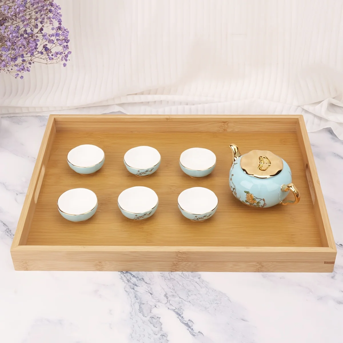 

D9 Bamboo Serving Tray with Handle Tabletop Countertop Tea Coffee Breakfast Tray Organizer Storage Container for Kitchen Bedroom