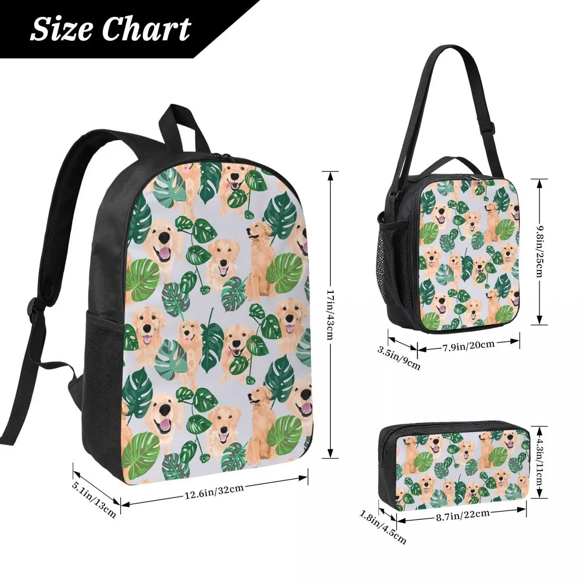 Golden Retriever Tropical Backpack Student Boys Girl BookBag School Bag Laptop Shoulder Bags 3ps Insulated Lunch Bag Pencil Case