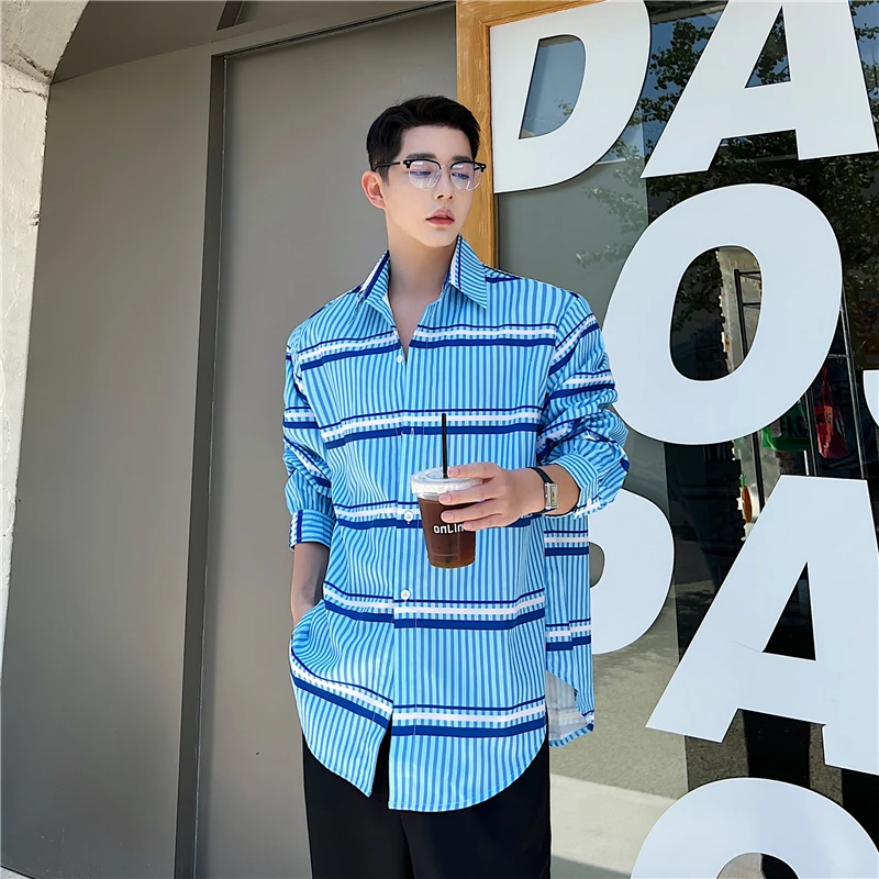 

Loose Long Sve Striped oulder Pad Men's irt Korean Version Casual High-End Feeling Trendy And Haome Autumn Faion