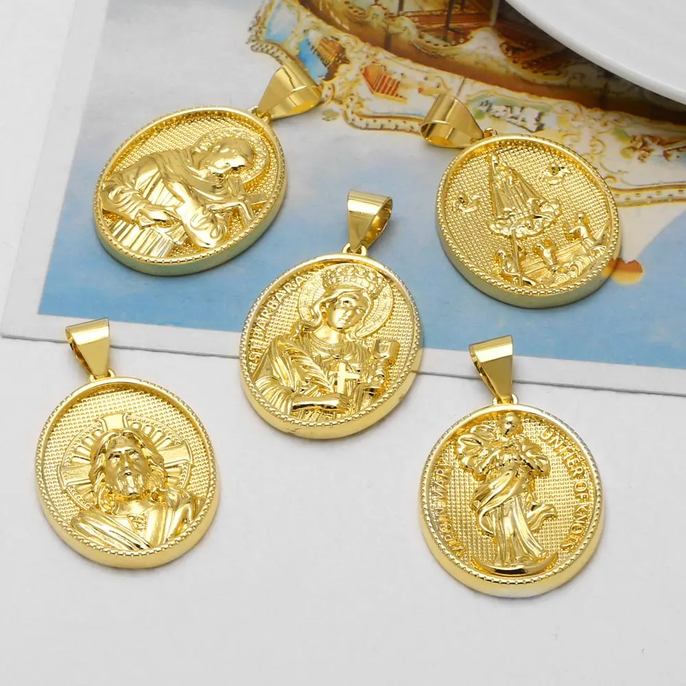 OCESRIO Religious Saint Barbara Pendants Gold Plated Copper Oval Medal Jesus Charms for Necklace Jewelry Making DIY pdtb949