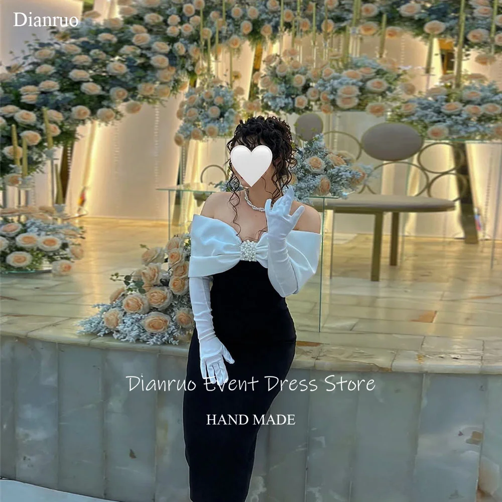 

Dianruo Off The Shoulder Satin Evening Dresses Bow White Black Prom Gowns Elegant Pearls Party Dresses Woman 2025 Customized