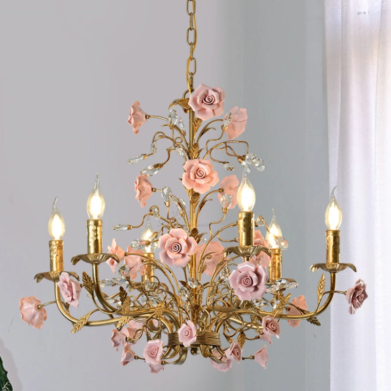 Custom French vintage pastoral chandelier rose flower clothing store guest restaurant candle light American country children's r