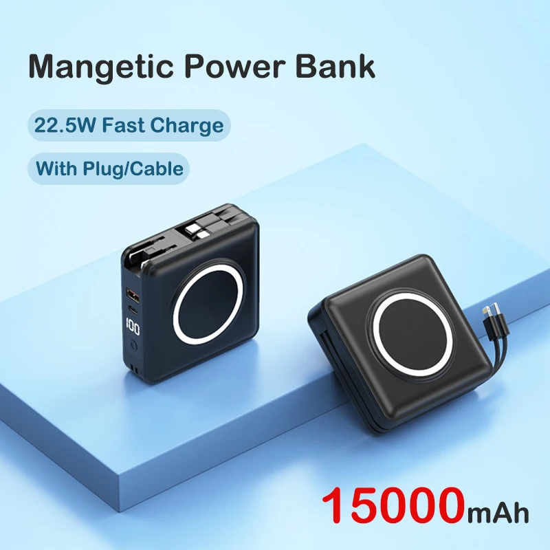 15000mAh Magnetic Power Bank Fast Wireless Charger External Battery Pack Powerbank Built AC Plug Cable for iPhone Samsung Xiaomi