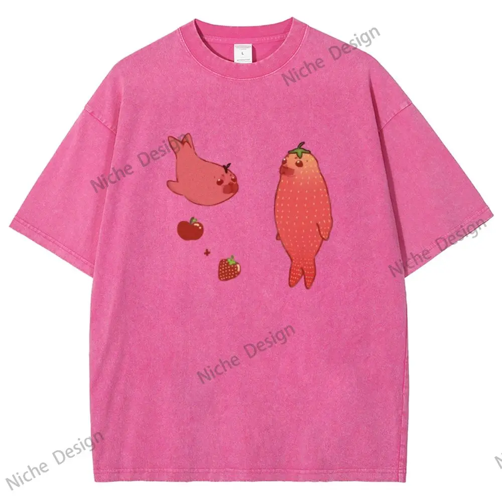 

High-Quality Pure Cotton Washed Women's T-Shirt Casual Loose Soft T-Shirt Pink Cute Fathead Fish Print T-Shirt Daily Casual Wear