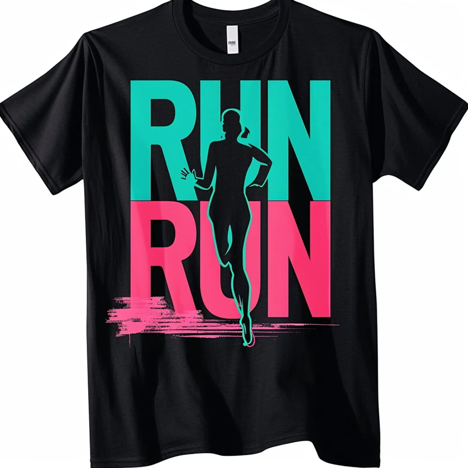 

Black T Shirt with Pink and Teal 'RUN' Text Colorful Runner Design Graphic Tee