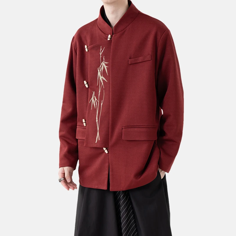 

Мужская повседневная куртка-свитер в китайском стиле с вышивкой, приталенный крой, длинный рукав, воротник-стойка, для молодежи, для свадьбы, деловой стиль