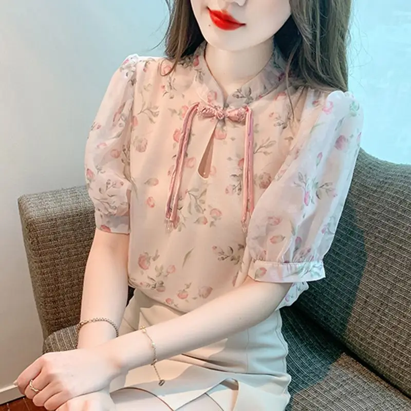 

French Style Fashion Summer New Women's Stand Collar Printing Frog Simplicity Versatile Loose Short Sleeve Chiffon Shirt Tops