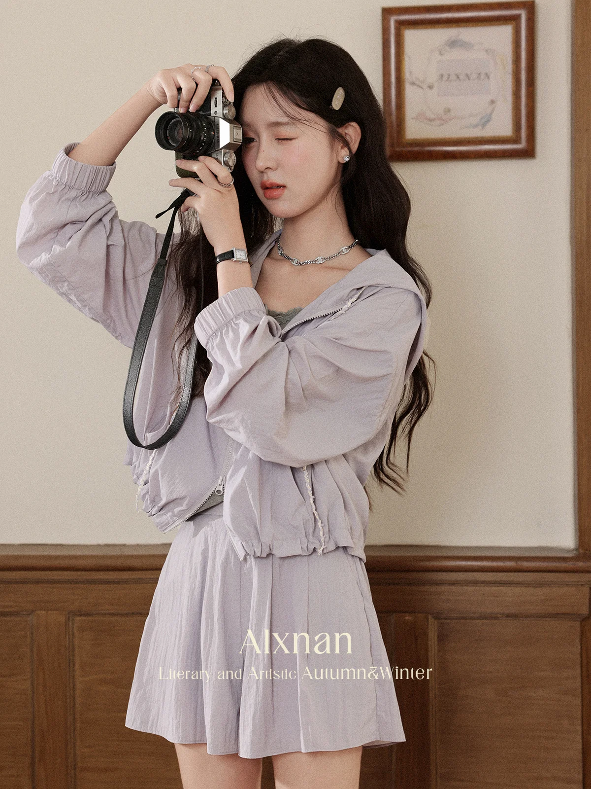 ALXNAN Purple Hoodies Short Zipper Drawstring Loose-fit Sweatshirt 2025 Autumn Thin Casual Long Sleeve Coats Female L56706