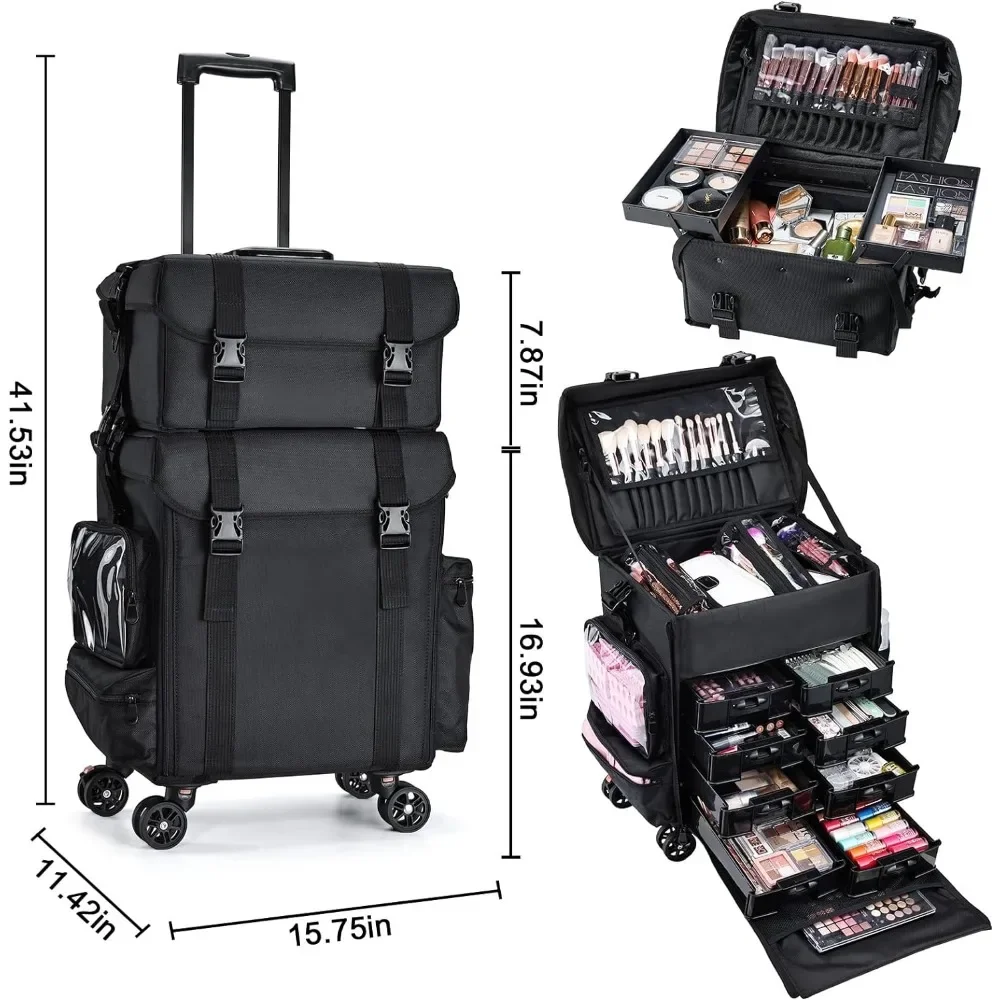 Professional Rolling Makeup Case Soft Sided Cosmetology Organizer Wheeled Nylon Train Case Portable Travel Supply Stati