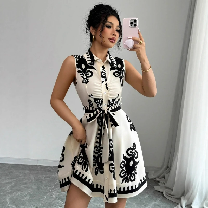 

Print Dress Women Turn Down Collar Button High Waist Mini Dresses Casual Slim Fit Sleeveless Lace Up Elegant Vestidos Beach Y2k