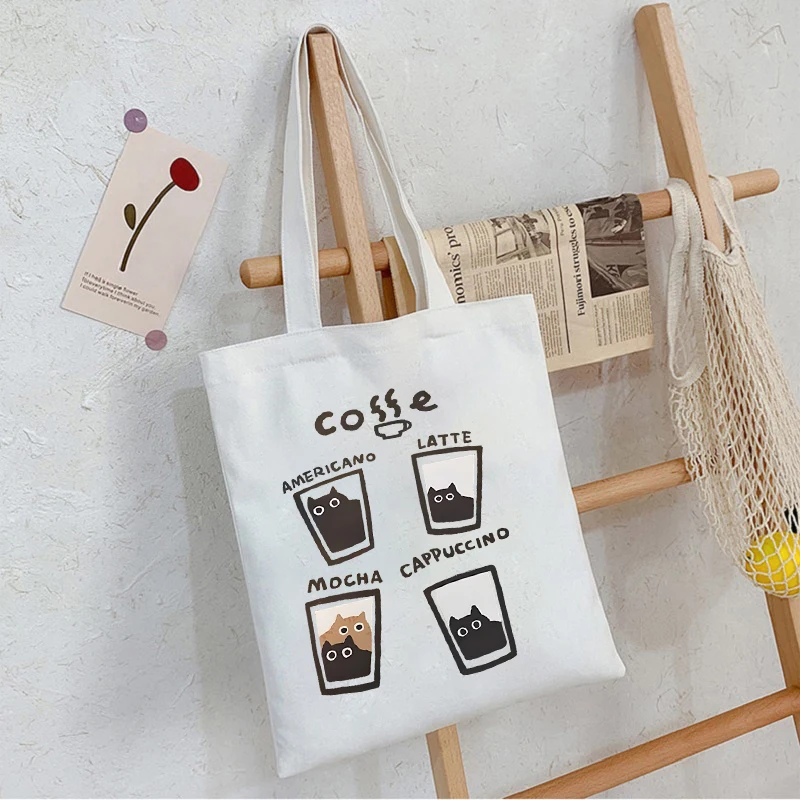 

Cat And Coffee Americano Latte Mocha Cappuccino Print Women's Handbags Vintage Cartoon Animal Tote Bags Canvas Shopping Bags