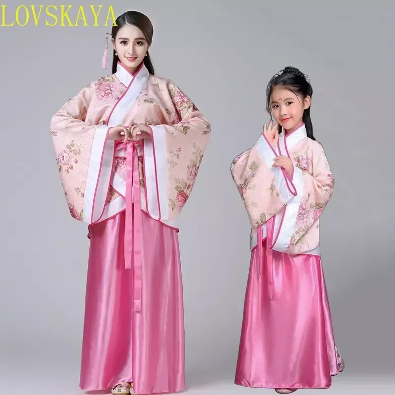 

Детский китайский костюм Hanfu 2023, детские платья с цветочным узором для девочек, традиционная сценическая одежда, женский танцевальный костюм, платье феи для взрослых