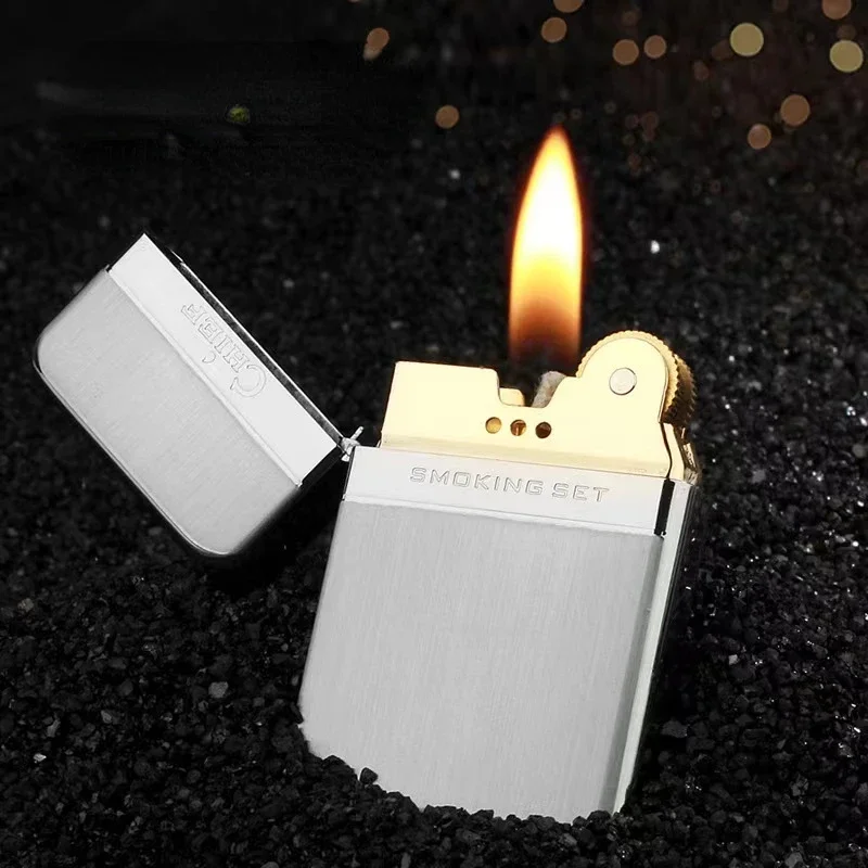 New Exquisite Brass Kerosene Lighter Slim Windproof Vintage Grinding Wheel Ignition Lighter Cigarette Accessories Men's Gift