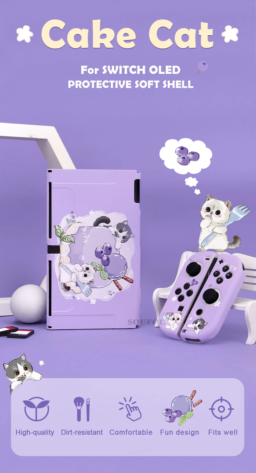 Purple Cat For Switch OLED Cute Dock Case + Soft Shell Protect Cover Accessories Kit for Nintendo Switch OLED Console