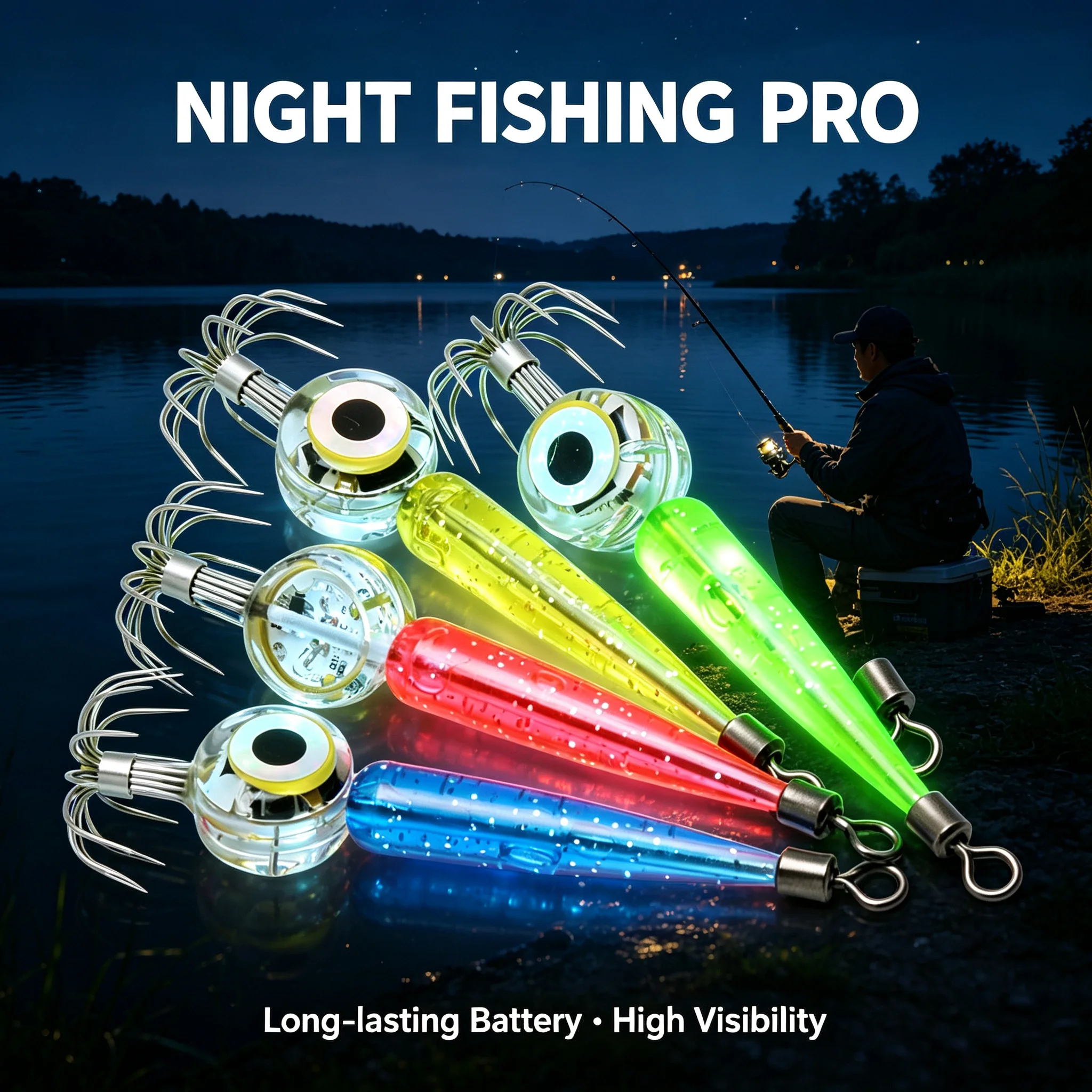 LED Squid Jig Bait Underwater Flash Day & Night Glowing Salt-Water Resistant Waterproof Electronic Lure with Sharp Umbrella Hook