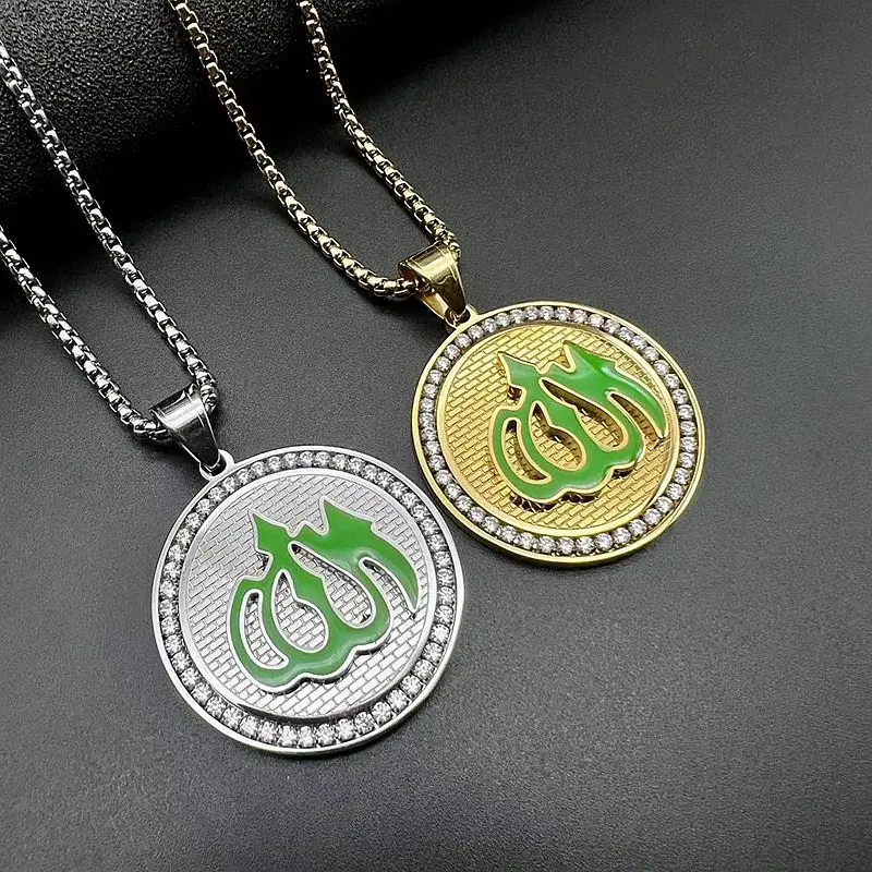 European and American Cross-Border New Religious Jewelry Stainless Steel Color-Preserving Gold-Plated Zircon Green Mantra Symbol Pendant Necklace